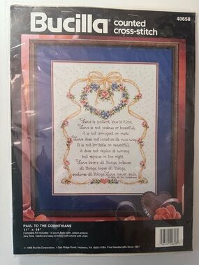 Bucilla Navy Blue Framed Floral Heart Cross-Stitch Sampler kit Paul
